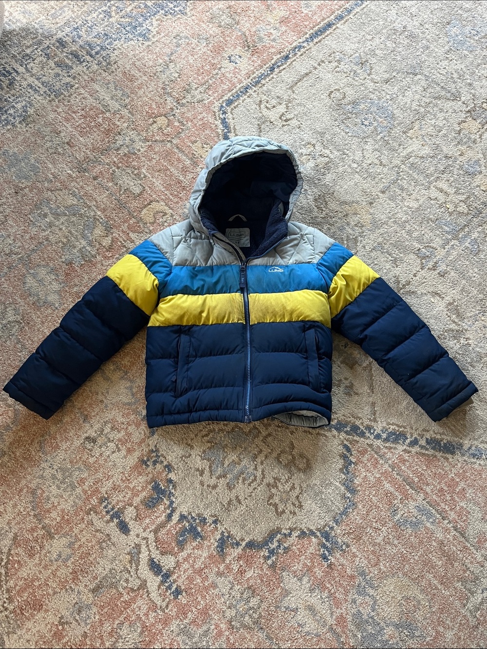 L.L. Bean Kids Colorblock Hooded Puffer Jacket in Navy, Yellow & Light Gray